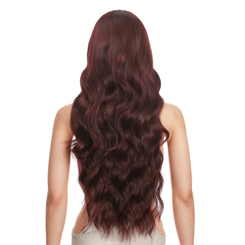 FUTAI Long Wavy Wig 30 Inch Wine Red HD Front Lace Body Curly Synthetic Hair Wigs for Women Professional Female Diverse Styles Daily Party Cosplay - Image 3